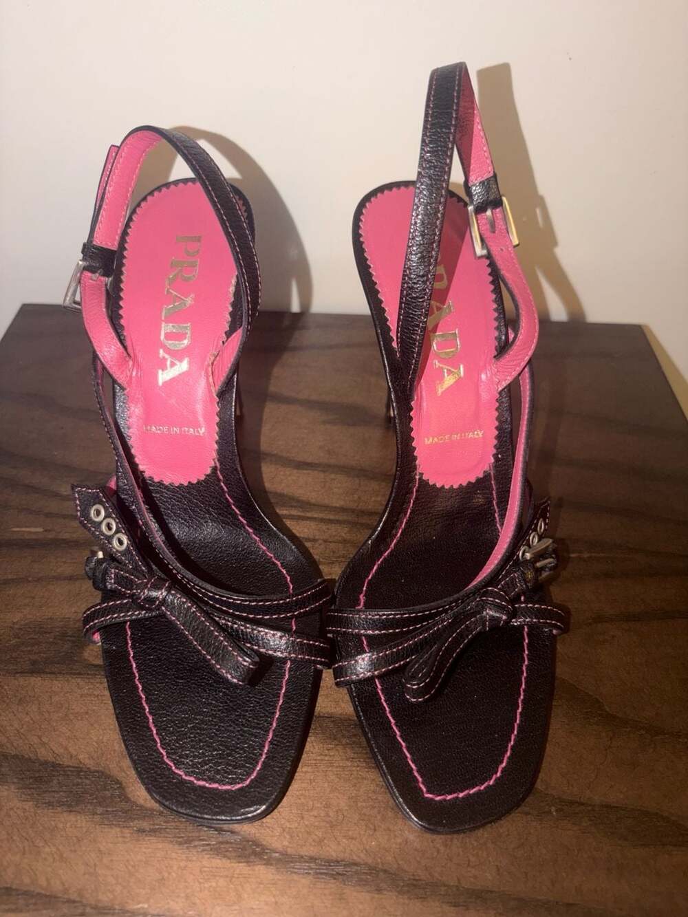 Prada Vero Cuoio Black Pink Slingback Heels Size 37